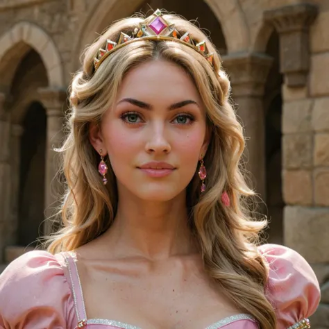 Hyperrealistic art close-up photo of a woman as princess peach, joyful, at a place in mario, looking at viewer, <lora:megfox_xl_1_standard_merger_23_41_07_03:1> . Extremely high-resolution details, photographic, realism pushed to extreme, fine texture, incredibly lifelike