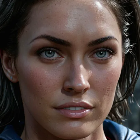 Hyperrealistic art close-up photo of a woman as superman, at arkham city, looking at viewer, <lora:megfox_xl_1_standard_merger_23_41_07_03:1> . Extremely high-resolution details, photographic, realism pushed to extreme, fine texture, incredibly lifelike