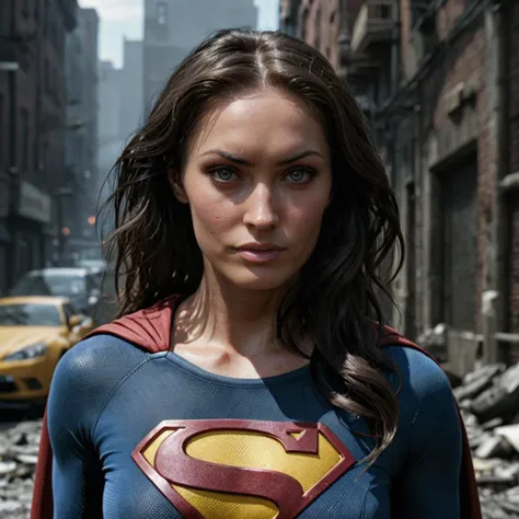 Hyperrealistic art close-up photo of a woman as superman, at arkham city, looking at viewer, <lora:megfox_xl_1_standard_merger_23_41_07_03:1> . Extremely high-resolution details, photographic, realism pushed to extreme, fine texture, incredibly lifelike