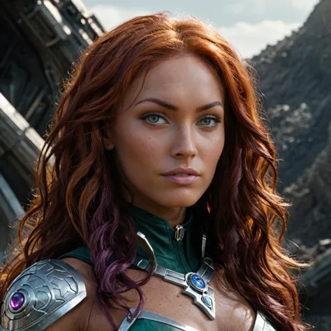 Hyperrealistic art close-up photo of a woman as starfire, at planet tamaran, looking at viewer, <lora:megfox_xl_1_standard_merger_23_41_07_03:1> . Extremely high-resolution details, photographic, realism pushed to extreme, fine texture, incredibly lifelike