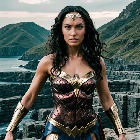 photo of a woman as wonder woman, fierce, looking at viewer, at Themyscira, <lora:megfox_xl_1_standard_merger_23_41_07_03:1>
