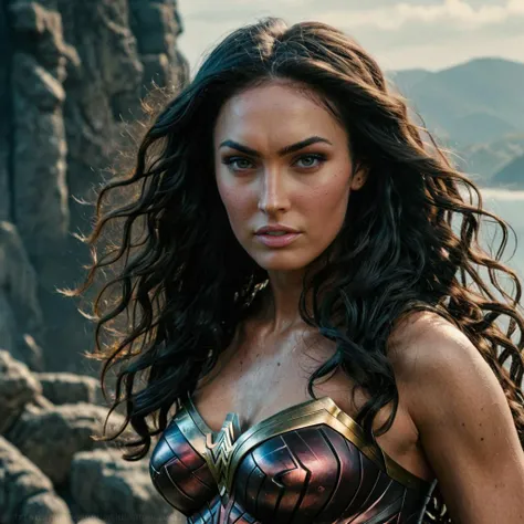 Hyperrealistic art photo of a woman as wonder woman, fierce, looking at viewer,  at Themyscira, <lora:megfox_xl_1_standard_merger_23_41_07_03:1> . Extremely high-resolution details, photographic, realism pushed to extreme, fine texture, incredibly lifelike