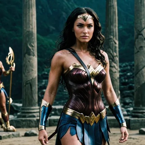 photo of a woman as wonder woman, fierce, looking at viewer, at Themyscira, <lora:megfox_xl_1_standard_merger_23_41_07_03:1>