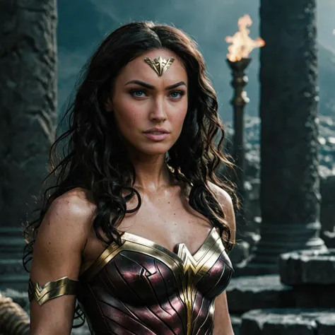 Hyperrealistic art photo of a woman as wonder woman, fierce, looking at viewer, at Themyscira, <lora:megfox_xl_1_standard_merger_23_41_07_03:1> . Extremely high-resolution details, photographic, realism pushed to extreme, fine texture, incredibly lifelike