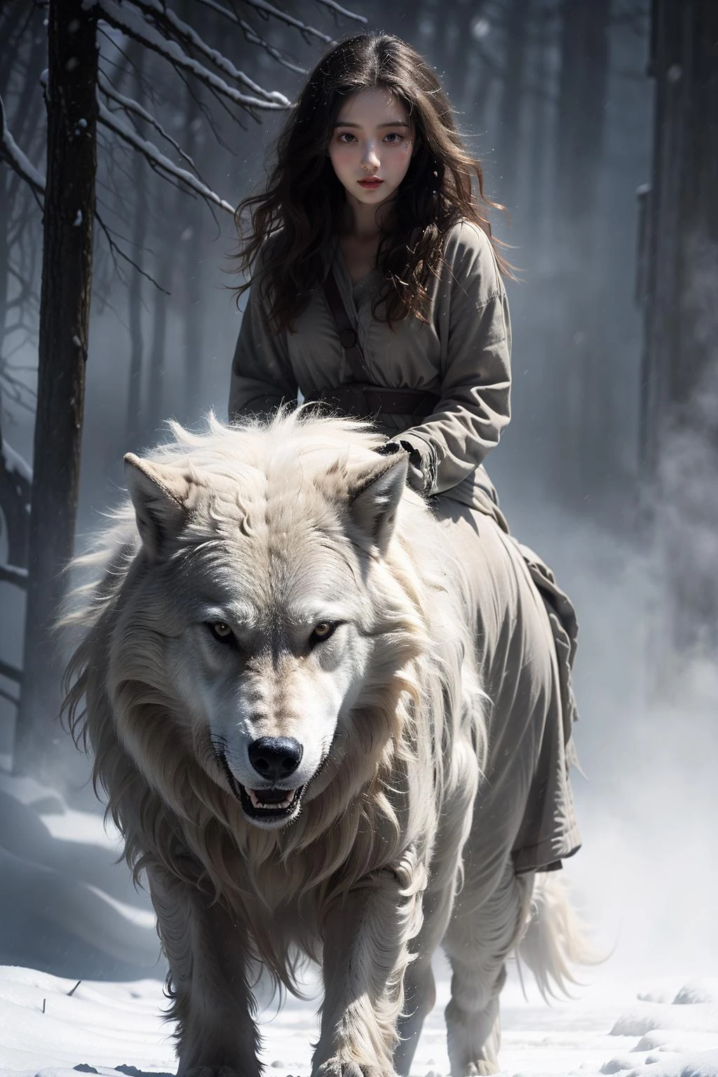 photorealistic, realistic, photography, masterpiece, best quality, ultra-detailed, 1girl, snowfield, riding, wolf, <lora:ç¼ä¸å°å¥³:0.7>