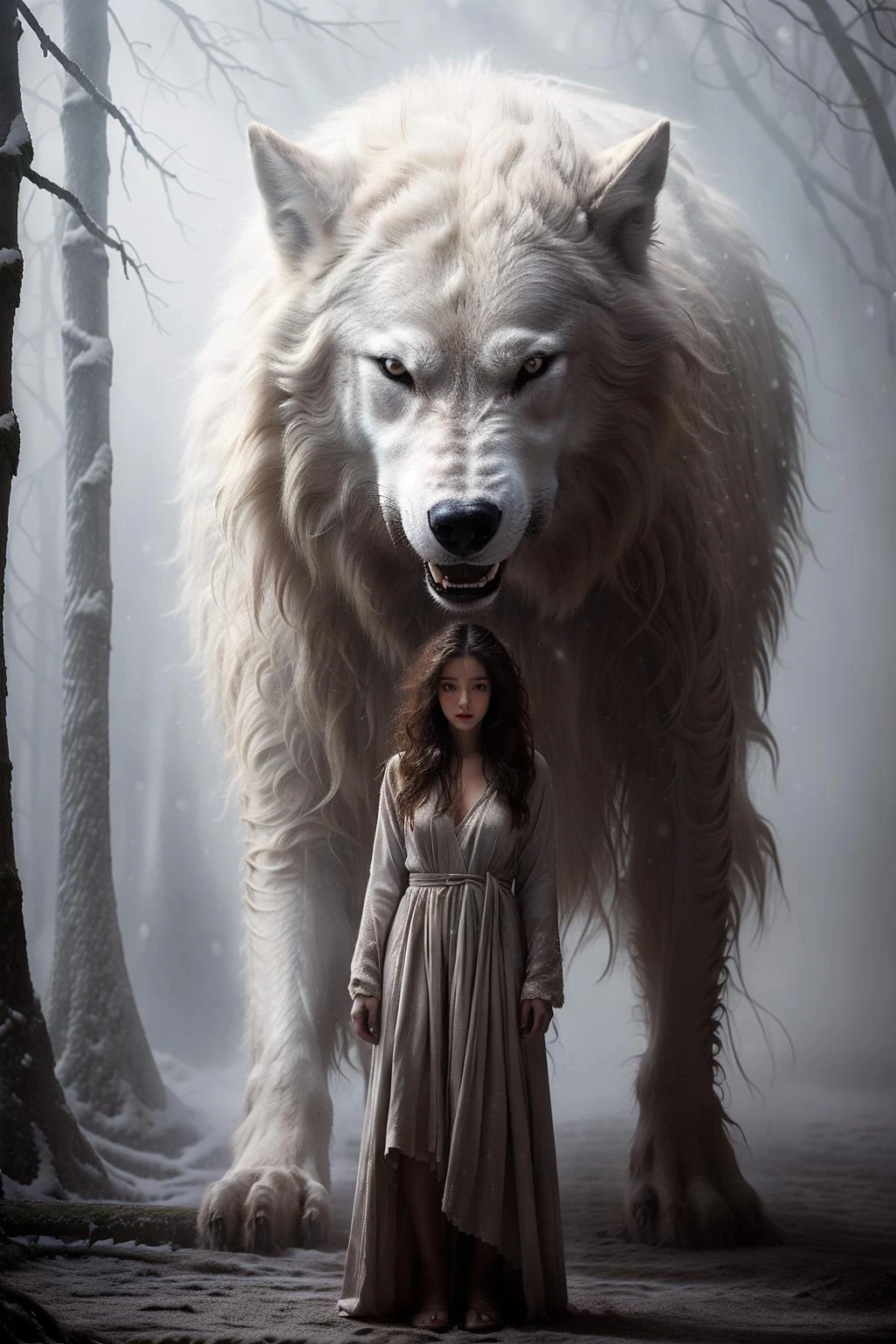 photorealistic,realistic,photography,masterpiece,best quality,ultra-detailed,long black hair,1girl,dress,wolf,forest,snowing,<lora:ç¼ä¸å°å¥³:0.9>,