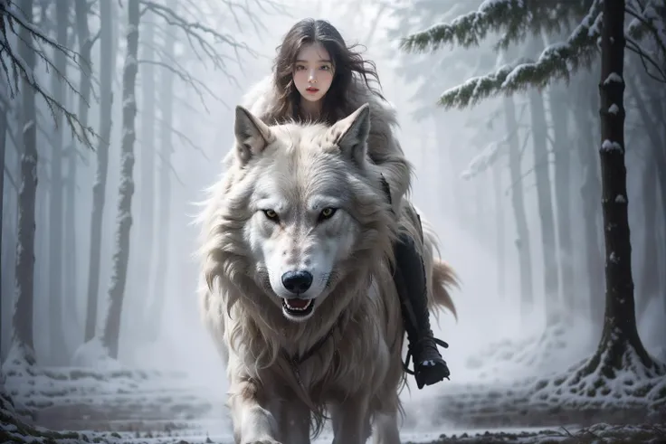 photorealistic, realistic, photography, masterpiece, best quality, ultra-detailed, 1girl, snowfield, riding, wolf, <lora:ç¼ä¸å°å¥³:0.7>