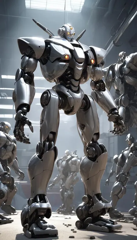 Cinematic scene, hero view, battle robot, action pose, factory, detailed background, masterpiece, best quality, high quality, absurdres, 3d <lora:3d_xl_v3:1>