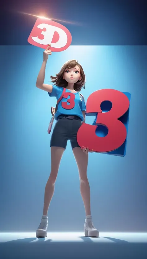 Cinematic scene, hero view, a cute woman holding a sign that states "3D", action pose, dramatic light, states, detailed background, masterpiece, best quality, high quality, absurdres, colorful, vivid, 3d <lora:3d_xl_v3:1>