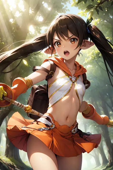 (masterpiece, best quality, high resolution),
cute face, kawaii, very big eyes, Aesthetic Anime Eyes, small face,
navel, thighs,
1girl, solo,
<lora:nowa-07:1> brown hair, pointy ears, long hair, brown eyes, skirt, gloves, twintails, spiked hair,
holding staff,
battle, fighting stance, dynamic pose, dynamic angle,
wind,
disdain, serious, open mouth,
forest,