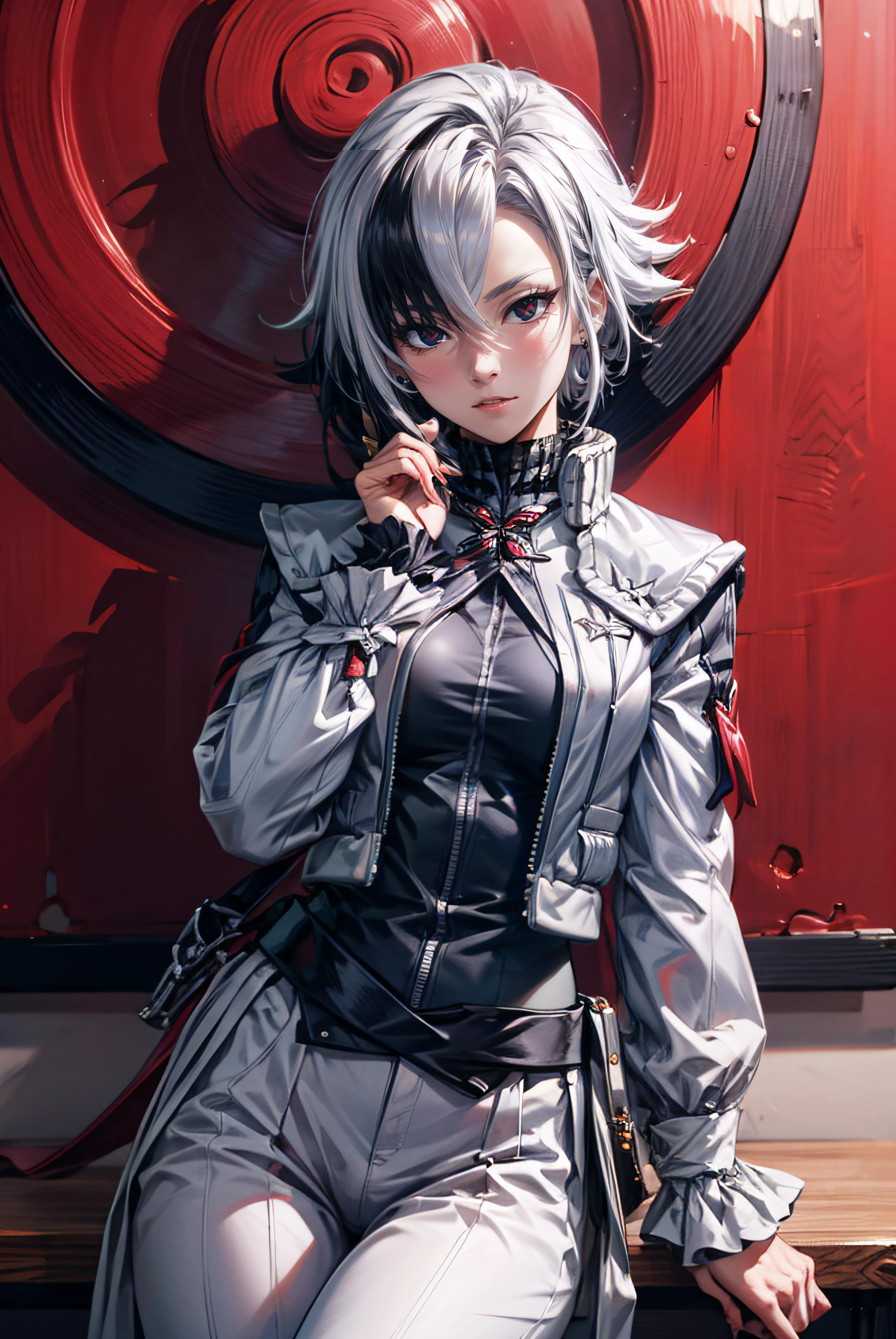 highres, (masterpiece:1.2), (best quality, highest quality), <lora:arle:0.8> 1girl, solo, white hair, black hair, multicolored hair, x-shaped pupils, black eyes,
<lora:attire_narutovest:0.8> joninvest, forehead protector,
<lora:add_detail:1>,