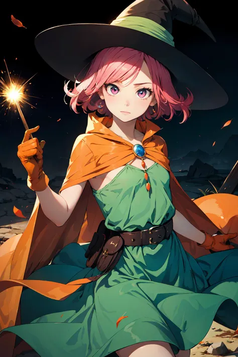 AS-YoungV2,
(8k,  masterpiece, best quality, high resolution), fantasy,
cute face, kawaii, very big eyes, Aesthetic Anime Eyes, small face,
<lora:DQ3MAGE:0.8> mage \(dq3\),
short hair, pink hair, red eyes, large breasts,
witch hat, gloves, green dress, orange cape,
staff,
witch,
disdain, 
battle, fighting, casting spell,
light particles,
<lora:Squeezer2:0.2>
wasteland,
1girl, solo,