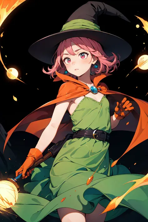 AS-YoungV2,
(8k,  masterpiece, best quality, high resolution), fantasy,
cute face, kawaii, very big eyes, Aesthetic Anime Eyes, small face,
<lora:DQ3MAGE:0.8> mage \(dq3\),
short hair, pink hair, red eyes, large breasts,
witch hat, gloves, green dress, orange cape,
staff,
witch,
battle, fighting, casting spell,
light particles,
<lora:Squeezer2:0.2>
wasteland,
1girl, solo,