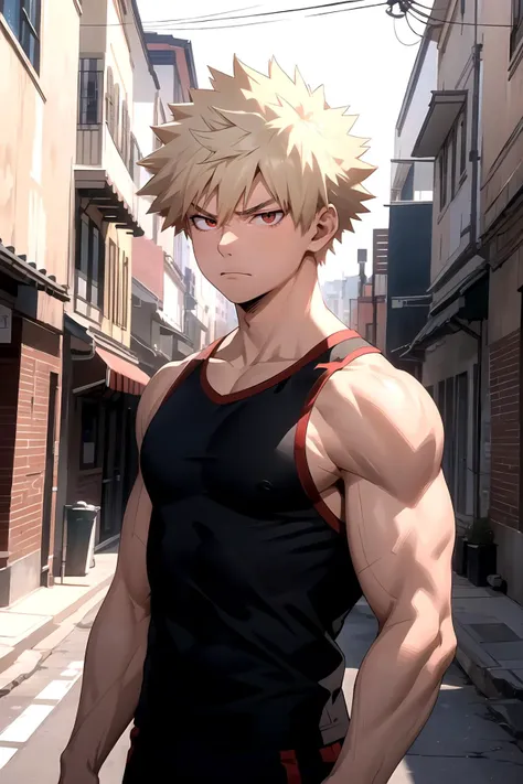 <lora:bakugo by goofy ai:1>, bakugo katsuki, red eyes, blonde hair, detailed, detailed background, short hair,broad shoulders, muscular male, 1boy, solo, male focus, black singlet, 8k, alley background, facing viewer, angry expression, five fingers, evening, young, night,