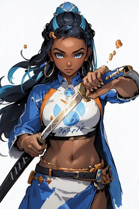 (masterpiece, best quality), intricate details,
1girl, <lora:ChihiroUnsheathingAKatanaMeme:0.8> IncrsUnsheathingAKatanaMeme, sheath, holding sheath <lora:nessa_pokemon-10:0.8> nessa, (dark skin, dark-skinned female), long hair, earrings, crop top
