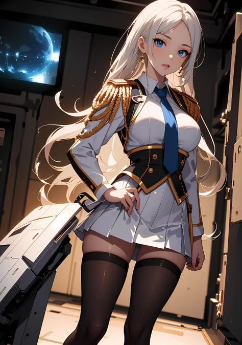 (Fantasy style), (anime), ((extremely detailed 8k illustration)), highres, (extremely detailed and beautiful), ultra detailed painting, professional illustrasion, Ultra-precise depiction, Ultra-detailed depiction, (beautiful and aesthetic:1.2), HDR, (depth of field:1.4), (young woman), (White, military costume and tie, (white clothes),tight skirt), captain, (black tights up to the thighs), thin pubic hair, oily skin, Black Heels, highly detailed beautiful face and eyes, beautiful hair, (blue,long hair), beautiful, lovely, spacecraft,