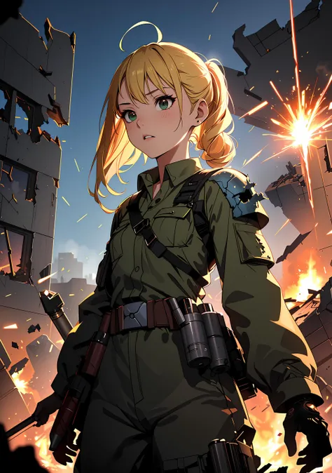 (Fantasy style), (anime), ((extremely detailed 8k illustration)), highres, (extremely detailed and beautiful), ultra detailed painting, professional illustrasion, Ultra-precise depiction, Ultra-detailed depiction, (beautiful and aesthetic:1.2), HDR, (depth of field:1.4),  (young girl),(WW2,green military costume,combat uniform,major),beautiful face and eyes,Beautiful hair, floating hair,shoulder length hair,(blonde hair),bobbed hair,pony tail,antenna hair, shiny skin,pretty,small stature,( flat chest), berserker, (â¢:1.3),(smoke:1.2),(combat,wrecked tank:1.4),(in ruins,in town),(outdoor,sky), (sparks:1.3),(wartime:1.2),