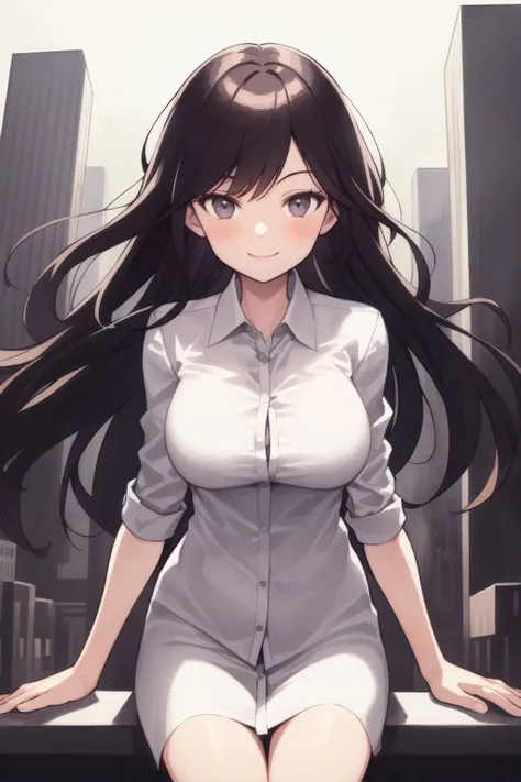 portrait, solo, 1girl, looking to the side, smile, medium breasts, dress shirt, bright, floating city <lora:cosplays_style_v02:-0.5>