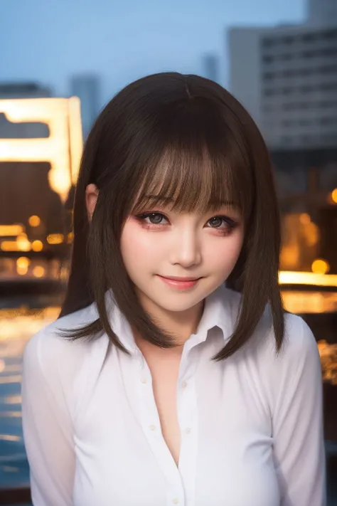 portrait, solo, 1girl, looking to the side, smile, medium breasts, dress shirt, bright, floating city <lora:cosplays_style_v02:1>
