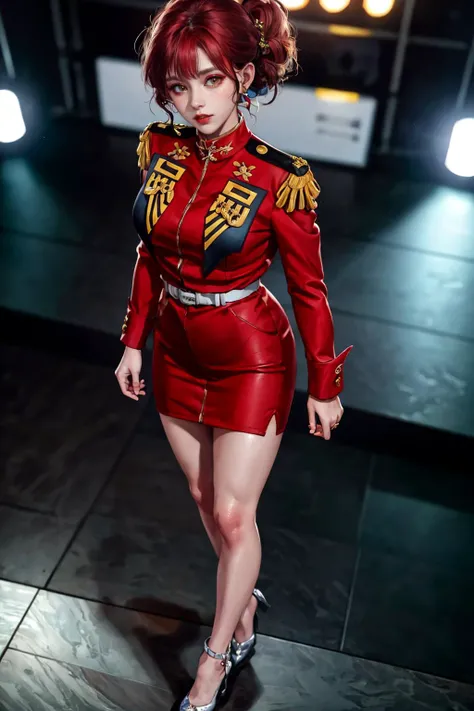 highres,absurdres,masterpiece,best quality,original,extremely detailed CG,extremely detailed wallpaper,perfect lighting,standing on the stage,lips,jitome,makeup,blurry background,from above,looking at viewer,
<lora:BlasterMariV2:0.75>,mari,red umiform,zeon,skirt,<lora:GoodHands-beta2:1>,