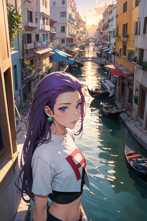 ((masterpiece)), (best quality), official art, extremely detailed CG, unity 8k wallpaper, ultra detailed,
jessie_pokemon, earrings, (team rocket uniform:1.2), crop top, very long hair, (purple hair:1.2), (hair slicked back:1.2),
<lora:jessie_pokemon:0.9>, upper body,
Balancing on the edge of a gondola in Venice's canals, she captures the essence of enchanting romance, Spectacular Sunsets: Witness stunning sunsets over Santorini in Greece, as the golden hues illuminate the white-washed buildings perched on cliffs,