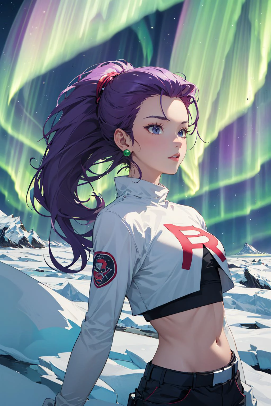 ((masterpiece)), (best quality), official art, extremely detailed CG, unity 8k wallpaper, ultra detailed,
jessie_pokemon, earrings, (team rocket uniform:1.2), crop top, very long hair, (purple hair:1.2), (hair slicked back:1.2),
<lora:jessie_pokemon:0.9>, upper body, from front,
she revels in the exhilaration of the open sea and wind in her hair, Remote Arctic Landscapes: Embark on an Arctic expedition to witness the pristine beauty of Svalbard, Norway, where icy landscapes, polar bears, (Northern Lights:1.4),