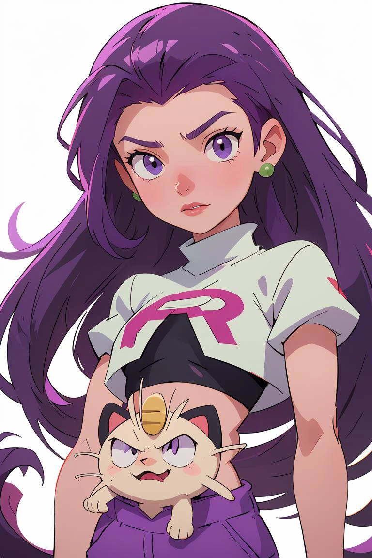 (masterpiece, best quality), 1girl, beautiful face, <lora:jessie_pokemon:1> jessie_pokemon, earrings, team rocket uniform, crop top, very long hair, purple hair, hair slicked back