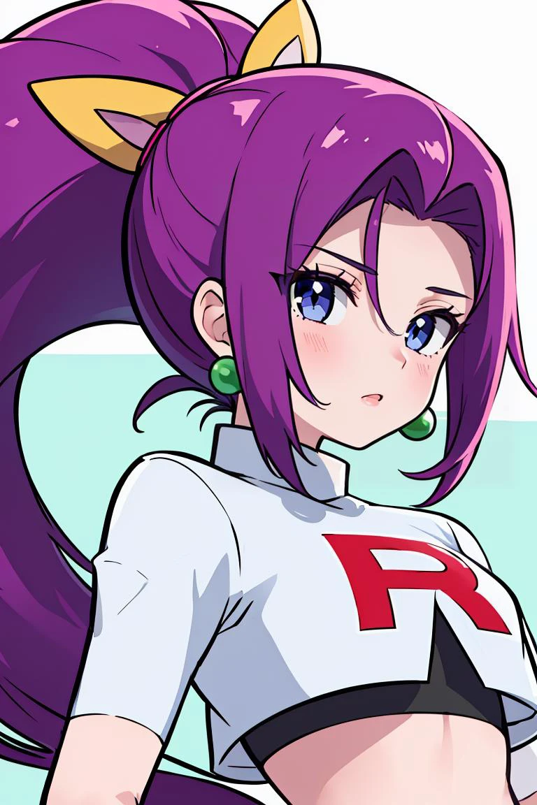 (masterpiece, best quality), 1girl, beautiful face, <lora:jessie_pokemon:1> jessie_pokemon, earrings, team rocket uniform, crop top, very long hair, purple hair, hair slicked back