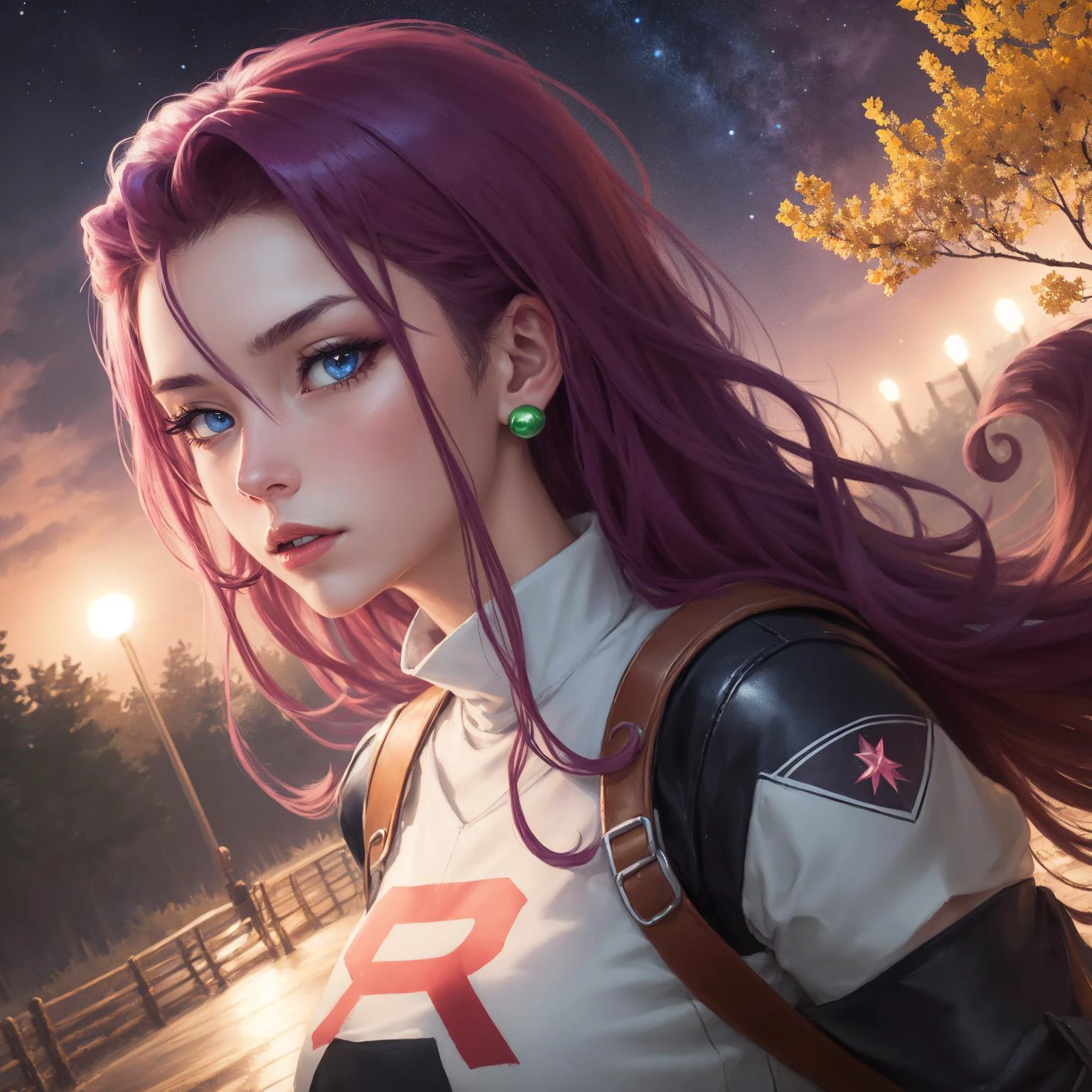 illustration, digital character art by kazuya takahashi, trending on artstation, (masterpiece:1.2, best quality, highly detailed, aesthetic), dynamic Dutch angle, soft lighting, dramatic lighting, (detailed face and eyes):1.2, remarkable eye color, solo, mature female, jessie_pokemon, earrings, team rocket uniform, black gloves, very long purple hair, blue eyes, candid pose, cinematic scene, at night, sakura sanctuary, star clusters, super nova, (official art, photorealistic), <lora:jessie_pokemon-10:0.8>