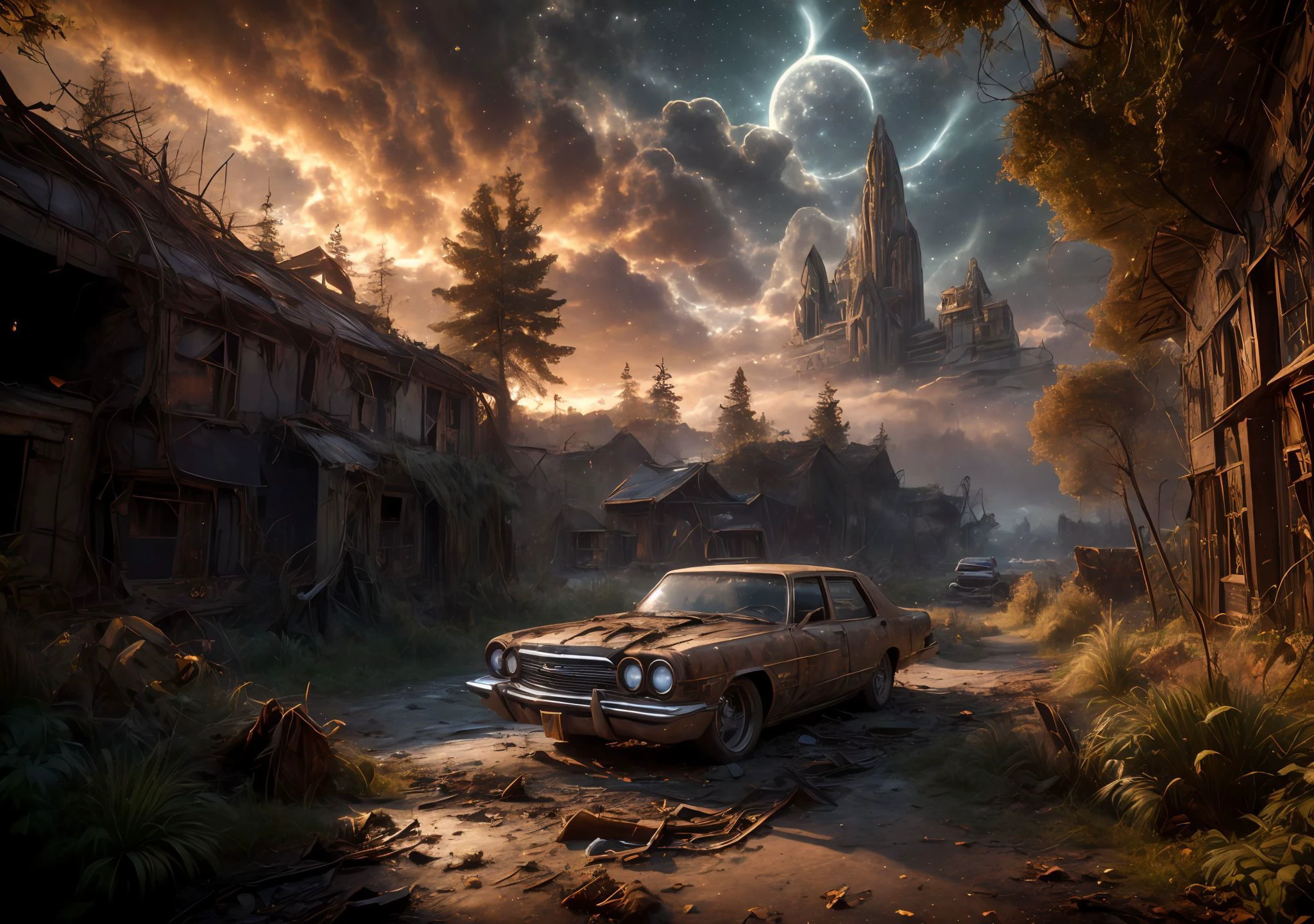 extremely detailed CG, perfect lighting, 8k wallpaper, RAW photography, masterpiece: 1.4, realistic, HDR, wallpaper,
huge png,
RAW photo, ((night shoot), ((close up of an abandoned, rusty, wracked, overgrown Chevrolet Impala)), wracked, broken windows, broken lights, ((cracked star ship)), ((ripped, torn plant covered crumbling, broken windows, cracks, flat tires, rotten)) in the woods, ((in a desolated, abandoned, moos overgrown city)), outdoor , (night scene) and a ghost ship sailing in the night, flashlight, ((night outside)), (high detailed skin:1.2), 8k uhd, dslr, high quality, film grain, Fujifilm XT3
No motion blur, crystal clear image, 8k resolution, incredible realism and detail.
<lora:PAseerCloudV1:0.4> clouds <lora:ps5-biomes-xl:0.6> <lora:nebula:0.2>