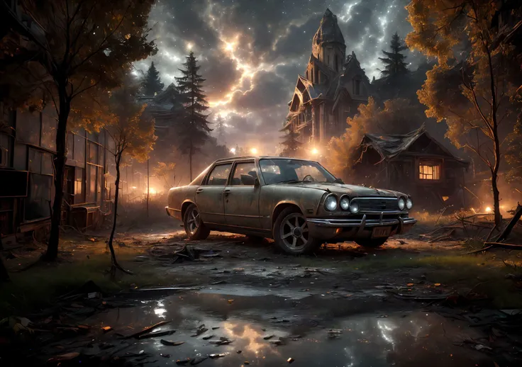 extremely detailed CG, perfect lighting, 8k wallpaper, RAW photography, masterpiece: 1.4, realistic, HDR, wallpaper,
huge png, 
RAW photo, ((night shoot), ((close up of an abandoned, rusty, wracked, overgrown Chevrolet Impala)), wracked, broken windows, broken lights, cracked car, ((ripped, torn plant covered crumbling, broken windows, cracks, flat tires, rotten)) in the woods, ((in a desolated, abandoned, moos overgrown city)), outdoor , (night scene) and a ghost ship sailing in the night, flashlight, ((night outside)), (high detailed skin:1.2), 8k uhd, dslr, high quality, film grain, Fujifilm XT3
No motion blur, crystal clear image, 8k resolution, incredible realism and detail.
  <lora:PAseerCloudV1:0.4> clouds <lora:ps5-biomes-xl:0.6>  <lora:nebula:0.2>