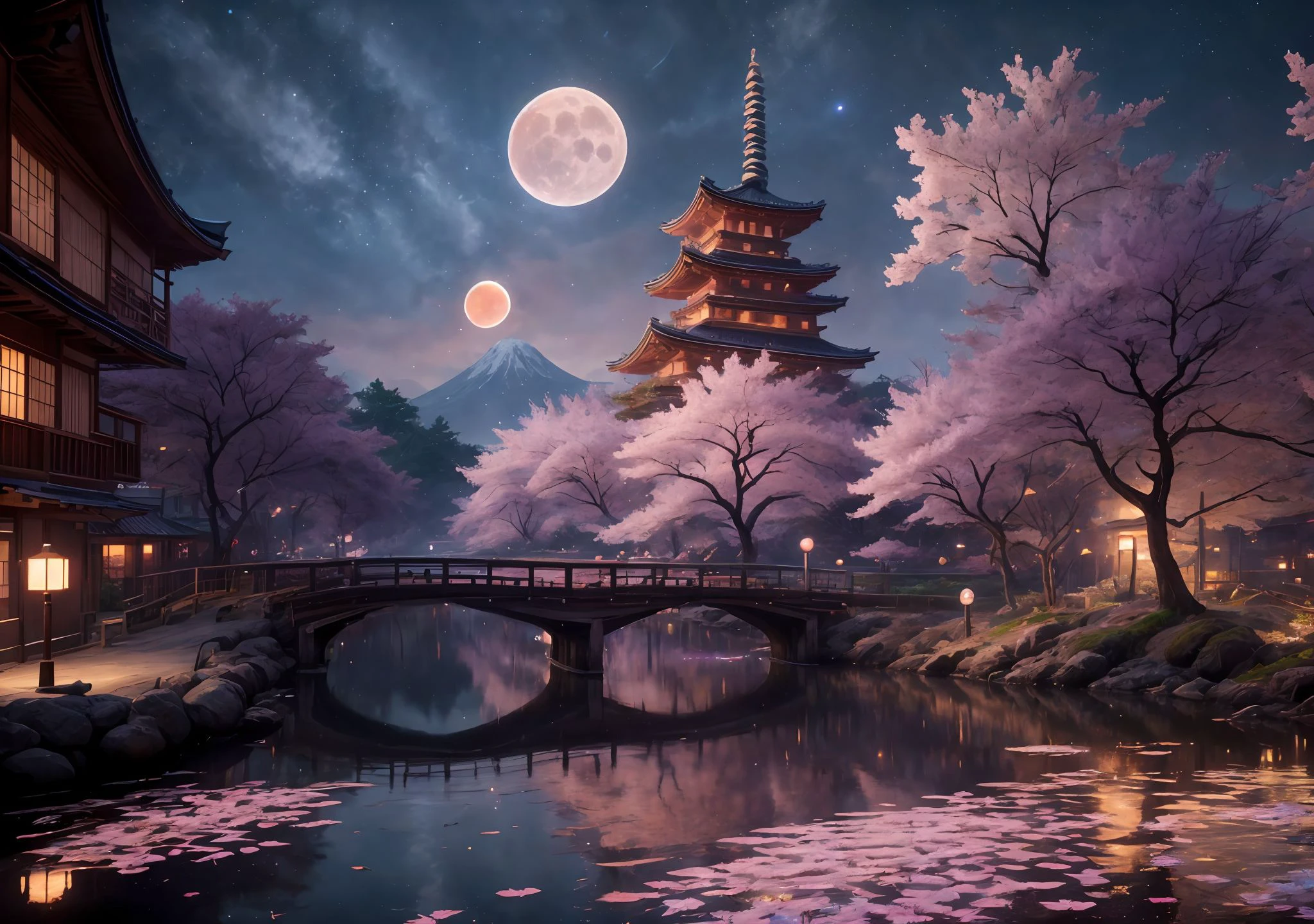 extremely detailed CG, perfect lighting, 8k wallpaper, RAW photography, masterpiece: 1.4, realistic, HDR, wallpaper,
huge png,
A stunning, vivid view of a realistic Japanese city at night illuminated by a full moon's glow and strings of lanterns, cinematic scene, (cinematic:1.5), extremely detailed. Cherry blossom trees in full bloom line the riverbank, petals blowing gently in the wind. Traditional Japanese architecture and lively city streets bustling with people. Lanterns and neon signs emit a soft warm light that reflects off the water and wet streets. Dramatic nighttime lighting creates a moody, atmospheric scene. Realistic depth of field keeps background softly blurred, draws focus to detailed foreground. (film grain), (by Makoto Shinkai:1.2). Vibrant pinks of cherry blossoms contrast with deep blues and purples of the night sky. No motion blur, crystal clear image, 8k resolution, incredible realism and detail.
<lora:PAseerCloudV1:0.4> clouds <lora:ps5-biomes-xl:0.6> <lora:nebula:0.2>