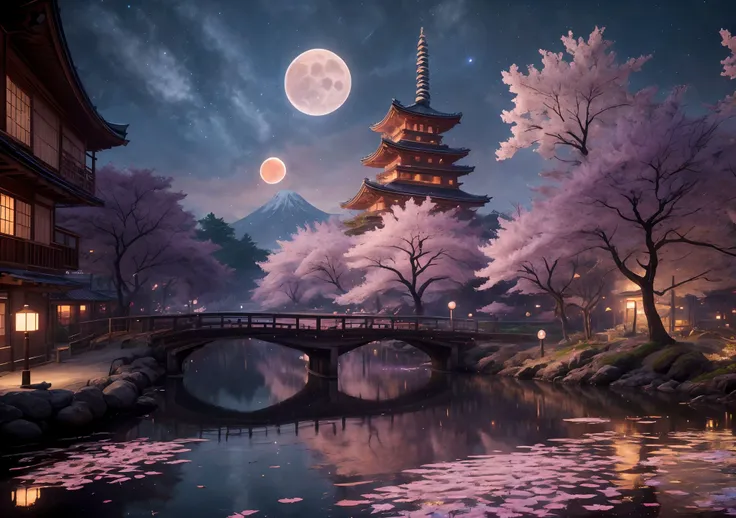 extremely detailed CG, perfect lighting, 8k wallpaper, RAW photography, masterpiece: 1.4, realistic, HDR, wallpaper,
huge png, 
A stunning, vivid view of a realistic Japanese city at night illuminated by a full moon's glow and strings of lanterns, cinematic scene, (cinematic:1.5), extremely detailed. Cherry blossom trees in full bloom line the riverbank, petals blowing gently in the wind. Traditional Japanese architecture and lively city streets bustling with people. Lanterns and neon signs emit a soft warm light that reflects off the water and wet streets. Dramatic nighttime lighting creates a moody, atmospheric scene. Realistic depth of field keeps background softly blurred, draws focus to detailed foreground. (film grain), (by Makoto Shinkai:1.2). Vibrant pinks of cherry blossoms contrast with deep blues and purples of the night sky. No motion blur, crystal clear image, 8k resolution, incredible realism and detail.
  <lora:PAseerCloudV1:0.4> clouds <lora:ps5-biomes-xl:0.6>  <lora:nebula:0.2>