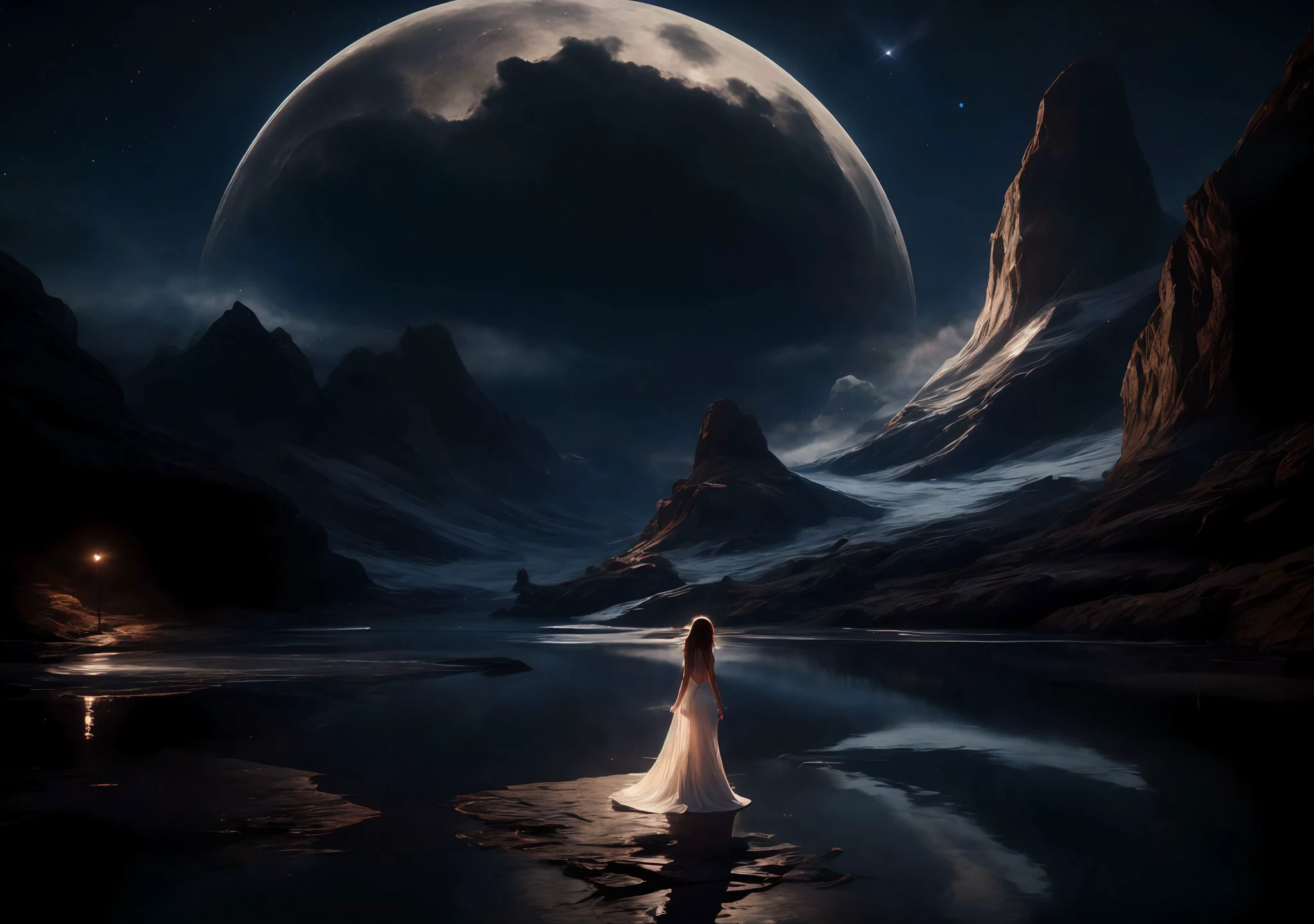 extremely detailed CG, perfect lighting, 8k wallpaper, RAW photography, masterpiece: 1.4, realistic, HDR, wallpaper,
huge png,
photograph,cinematic,4k,epic detailed, (+++a girl+++) is walking in front of a delicate and beautiful moon-blue sky, solo, from side, (Backlight), mid shot, (the beautiful and delicate girl:1.3), beautiful bare back, (detailed face:1.2), (long floating hair:1.2), (beautiful long dress:1.2), floating dress, the girl (walking) on surface of the water, Beautiful and delicate violet light water surface, reflective water surface, High saturation blue clouds and (stars sky) in the background, cold color, realistic film photography,<lora:realistic_film_photography:1>, <lora:FaeTastic:0.5> <lora:BadTrip_V1:0.3> <lora:LowRA:0.7>
No motion blur, crystal clear image, 8k resolution, incredible realism and detail.
<lora:PAseerCloudV1:0.4> clouds <lora:ps5-biomes-xl:0.6> <lora:nebula:0.2>