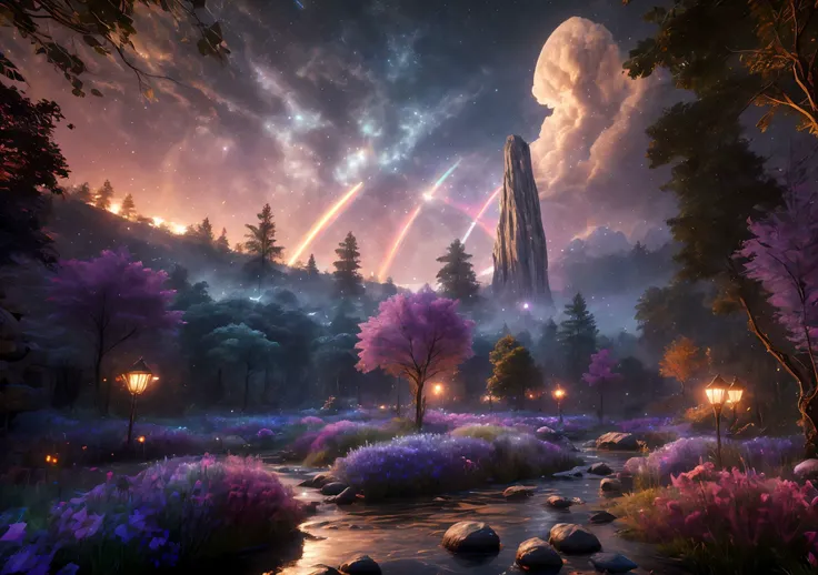 extremely detailed CG, perfect lighting, 8k wallpaper, RAW photography, masterpiece: 1.4, realistic, HDR, wallpaper,
huge png, 
the magician walks past a rainbow-throwing waterfall, small stone bridge, wild water, in a enchanted forest in a fantasy land, brimming with vibrant, will-o'-the-wisps, multi-colored flowers under volumetric lighting, galactic night, mysterious animals
No motion blur, crystal clear image, 8k resolution, incredible realism and detail.
  <lora:PAseerCloudV1:0.4> clouds <lora:ps5-biomes-xl:0.6>  <lora:nebula:0.2>