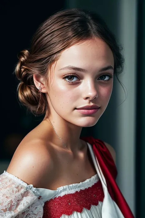 photo of beautiful (4l4n4bc:0.99), a woman with perfect hair upsweep updo, wearing (shoulder sash:1.1),  (plain red background:1.1), modelshoot style, (extremely detailed CG unity 8k wallpaper), professional majestic photography, ((smiling:1.2)), (Leica M6 Camera), 24mm, exposure blend, hdr, faded, extremely intricate, High (Detail:1.1), Sharp focus, dramatic, soft cinematic light, (looking at viewer), (detailed pupils), 4k textures, soft cinematic light, adobe lightroom, photolab, elegant, ((((cinematic look)))), soothing tones, insane details, hyperdetailed, low contrast