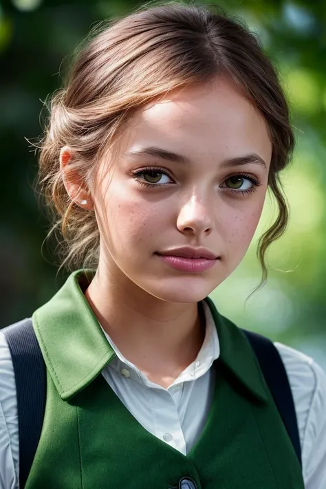 photo of beautiful (4l4nn4bc:0.99), a woman with perfect hair upsweep updo, wearing (waistcoat:1.1),  (cute smile:1.1), (plain green background:1.1), modelshoot style, (extremely detailed CG unity 8k wallpaper), professional majestic photography, ((slightly open mouth)), (closeup portrait), (Sony a7C Mirrorless Camera), 24mm, exposure blend, hdr, faded, extremely intricate, High (Detail:1.1), Sharp focus, dramatic, soft cinematic light, (looking at viewer), (detailed pupils), 4k textures, soft cinematic light, adobe lightroom, photolab, elegant, ((((cinematic look)))), soothing tones, insane details, hyperdetailed, low contrast