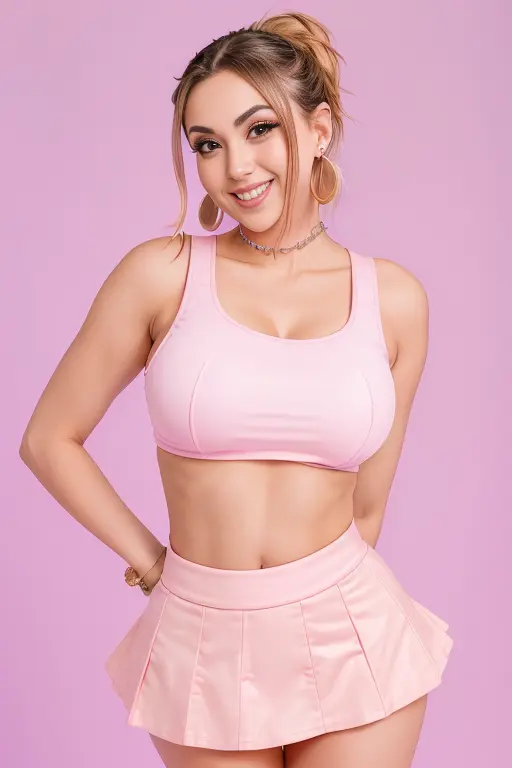 Arigameplays, <lora:ariV3-20:0.6>, a woman with hair tied back in a tank top and mini skirt and earrings and sleeves apart is smiling and posing for a picture, pink background