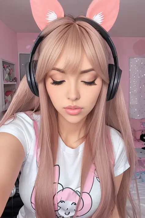 Arigameplays, <lora:ariV3-20:0.6>, a woman with long straight hair with bangs wearing headphones on and a t-shirt is pouting lips and taking a selfie in a bedroom, one eye closed