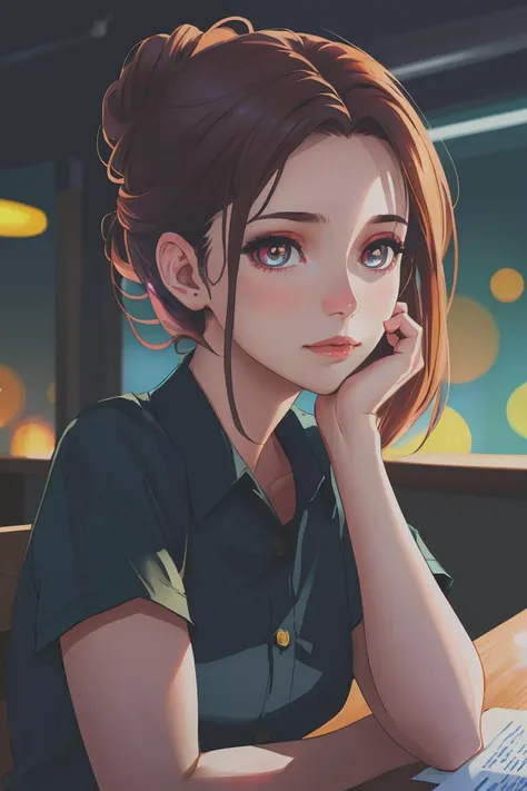 (extreme closeup:1.3) portrait of actor woman upsweep updo button black shirt large at a cantina sitting office, (masterpiece:1.5) (photorealistic:1.1) (bokeh) (best quality) (detailed skin texture pores hairs:1.1) (intricate) (8k) (HDR) (wallpaper) (cinematic lighting) (sharp focus)
