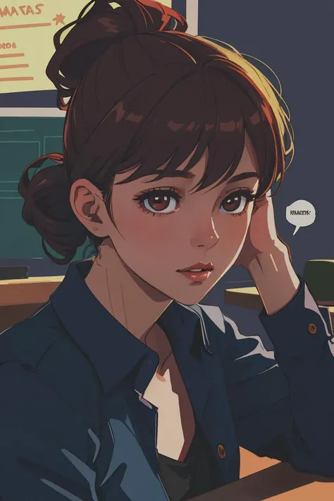 (extreme closeup:1.3) portrait of actor woman upsweep updo button black shirt large at a cantina sitting office, (masterpiece:1.5) (photorealistic:1.1) (bokeh) (best quality) (detailed skin texture pores hairs:1.1) (intricate) (8k) (HDR) (wallpaper) (cinematic lighting) (sharp focus), ((speech bubble, english text))