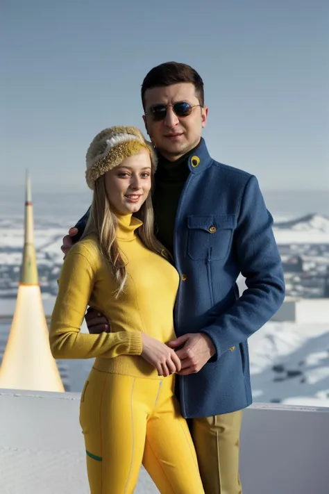 candid photograph of C4r1sh4_HM-135 wearing a turtleneck sweater and fur jacket at the Winter Olympics,friendly ((embracing)) president <lora:Zelenskyy2:0.7> zelenskyy,(3/4 shot),(slight smirk),warm cozy romper,hands in muffler,military MLRS rocket launch in the background,sunglasses,((Ushanka)),Ukrainian flag,(blue and yellow flag),((Kyiv))