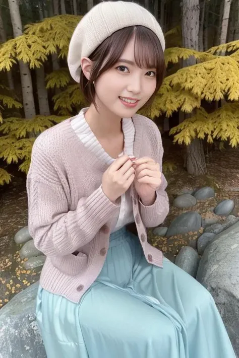 1girl,(wearing a cardigan and long skirt:1.2),(wearing a wooly beret),(RAW photo, best quality), (realistic, photo-realistic:1.4), masterpiece, an extremely delicate and beautiful, extremely detailed, 2k wallpaper, Amazing, finely detail, extremely detailed CG unity 8k wallpaper, ultra-detailed, highres, soft light, beautiful detailed girl, extremely detailed eyes and face, beautiful detailed nose, beautiful detailed eyes,cinematic lighting,(in a beautiful forest of pine trees at a Japanese countryside),(autumn scenery:1.3),(maple trees in autumn),(by a small rocky river),(morning light),perfect anatomy,slender body,smiling, <lora:yamadamisuzu_lora:0.8>,(sitting down)(hands at the back of body)