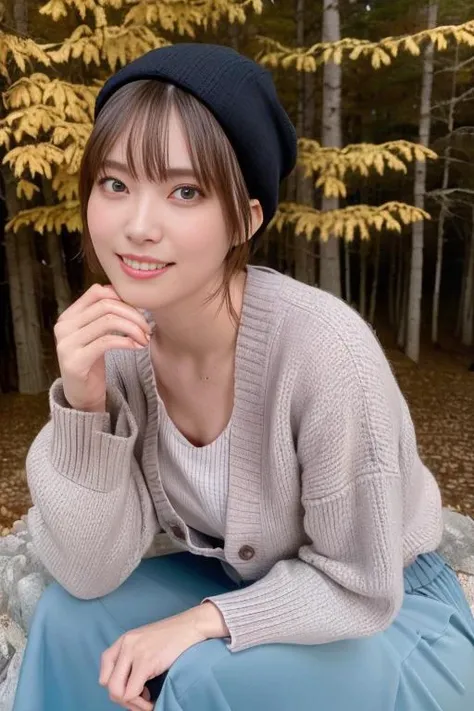 1girl,(wearing a cardigan and long skirt:1.2),(wearing a wooly beret),(RAW photo, best quality), (realistic, photo-realistic:1.4), masterpiece, an extremely delicate and beautiful, extremely detailed, 2k wallpaper, Amazing, finely detail, extremely detailed CG unity 8k wallpaper, ultra-detailed, highres, soft light, beautiful detailed girl, extremely detailed eyes and face, beautiful detailed nose, beautiful detailed eyes,cinematic lighting,(in a beautiful forest of pine trees at a Japanese countryside),(autumn scenery:1.3),(maple trees in autumn),(by a small rocky river),(morning light),perfect anatomy,slender body,smiling, <lora:yamadamisuzu_lora:0.8>,(sitting down)
