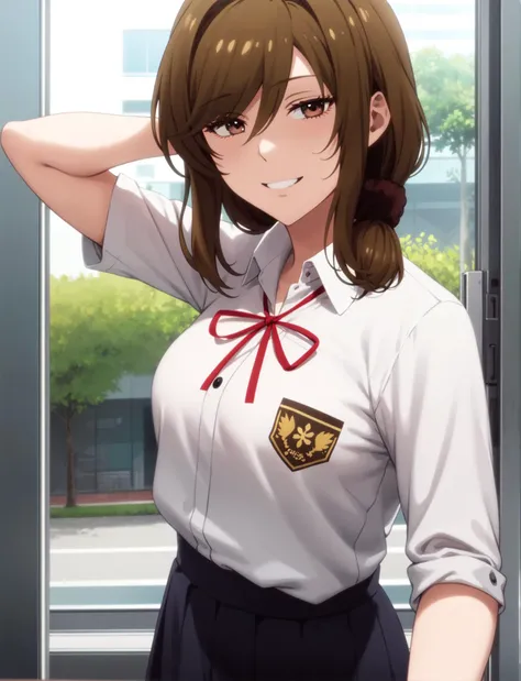 (anime), anime_still, masterpiece, best quality,solo,1girl, (1yuzuki:1.18) standing ,window in backgroud, medium breasts, brown hair, medium hair, school uniform, ribbon,smiling, brown eyes,white shirt, skirt,
<lora:yuzuki:0.85>