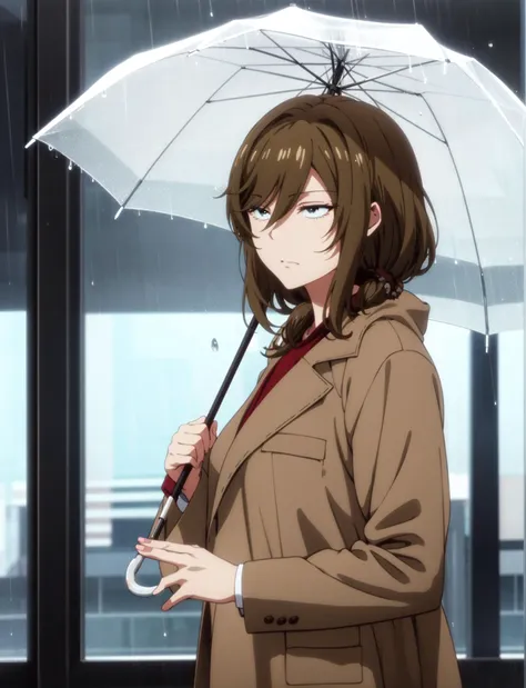 (anime), anime_still, masterpiece, best quality,solo,1girl, (1yuzuki:1.18) standing ,window in backgroud, medium breasts, brown hair, medium hair, coat, (rain, downpour), holding umbrella
 <lora:yuzuki:0.85>
