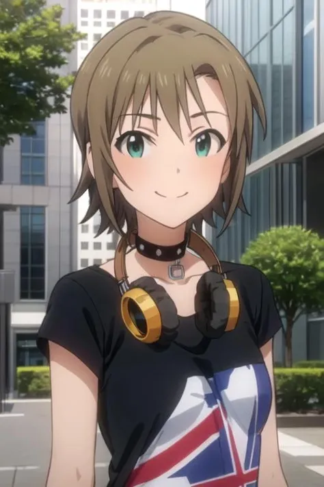 (((pixel-perfect, detail-perfect))), solo, 1girl, <lora:riina-idolmaster-01:0.8>, riina tada, t-shirt, union jack, choker, headphones around neck, smile, looking at viewer