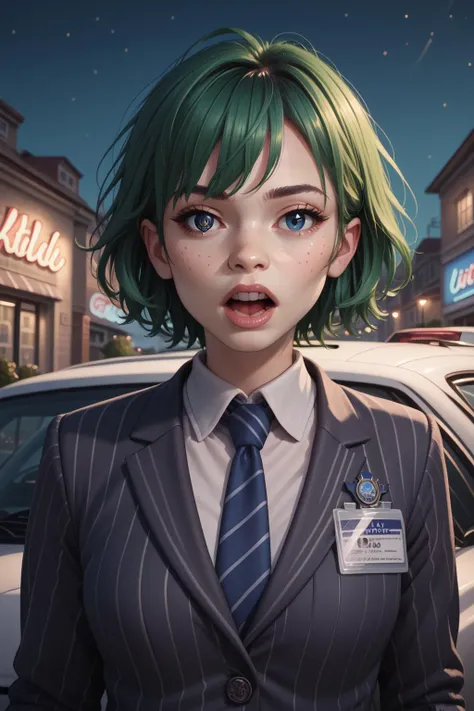 slrzztx, 1girl, necktie, green hair, freckles, solo, looking at viewer, formal, suit, night, open mouth, lamppost, short hair, teeth, jacket, shirt, upper body, striped, outdoors, blue necktie, motor vehicle, car, id card, pinstripe pattern, name tag, ground vehicle, sky, badge, collared shirt, lips, white shirt, PonyXLV6_Scores, <lora:SemiRealPonyXL:0.8>