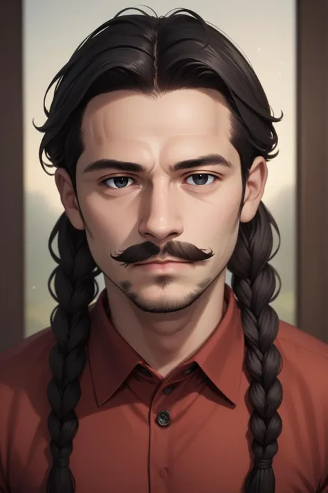 slrzztx, male focus, facial hair, 1boy, solo, braid, black hair, twin braids, mustache, looking at viewer, shirt, depth of field, black eyes, realistic, beard, red shirt, collared shirt, long hair, upper body, closed mouth, PonyXLV6_Scores, <lora:SemiRealPonyXL:0.8>