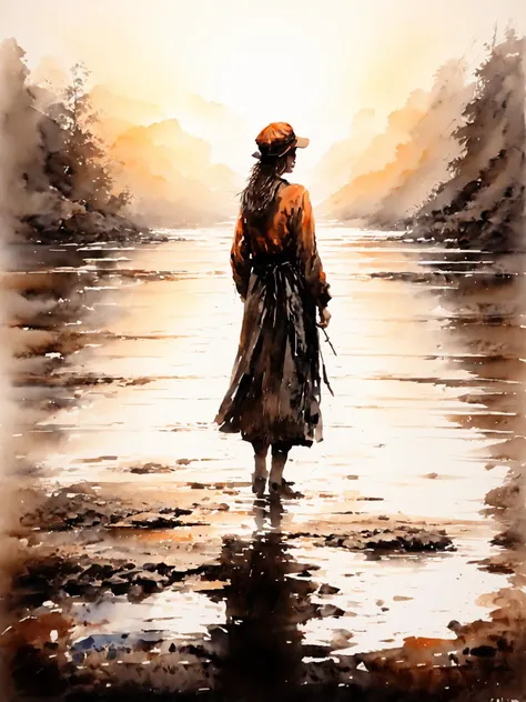 (Realistic),masterpiece,best quality,cinematic lighting,natural shadow,highest detail,professional photography,detailed background,depth of field,insane details,intricate,aesthetic,subsurface scattering,dynamic angle,
a girl in a cap stands on the shore of a lake with a beautiful sunset,
<lora:add-detail-xl:1>,<lora:InkWashpainting:1>,